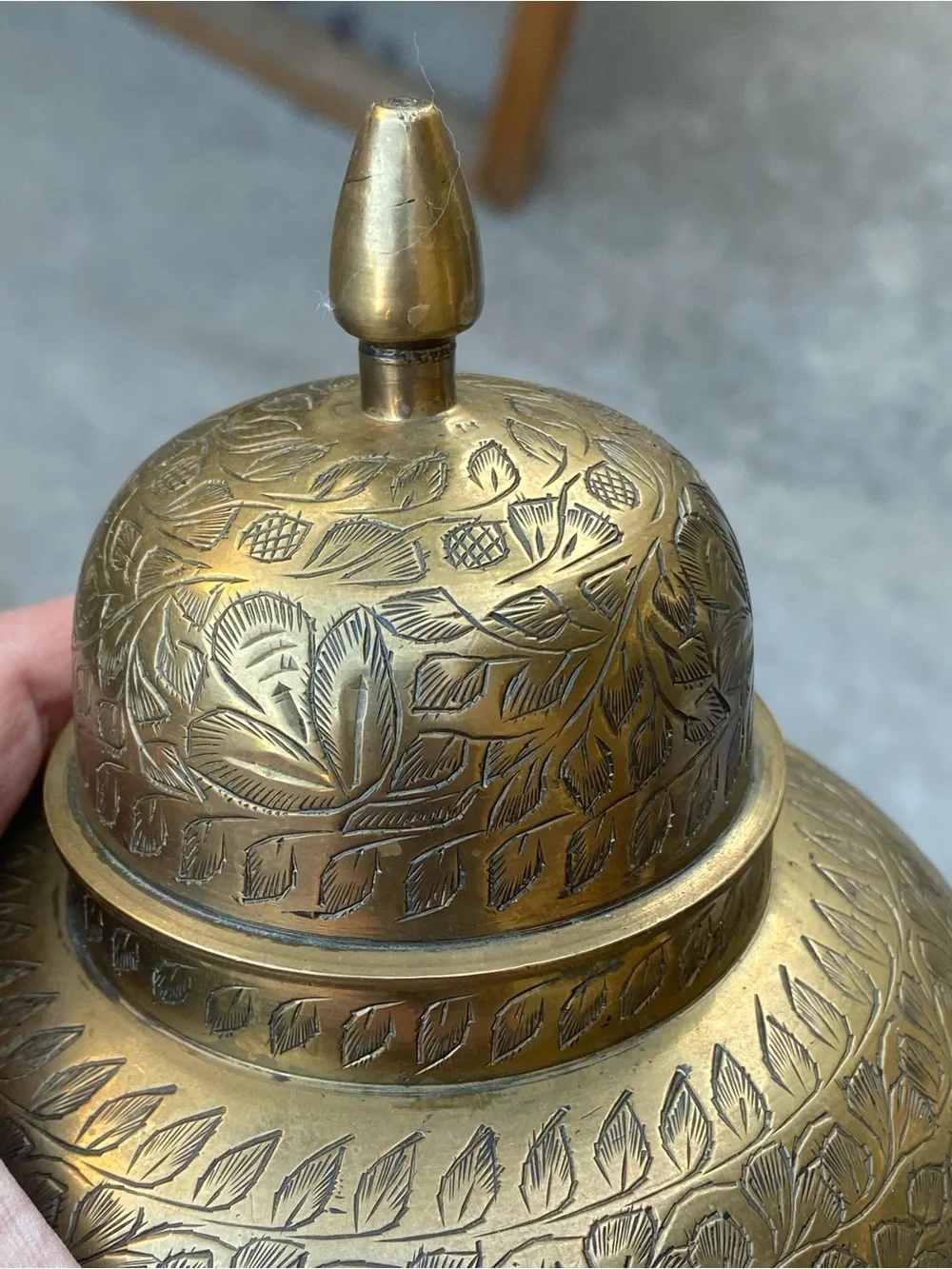 Vintage Brass Indian India Urn Ginger Jar & Lid 9”H Etched Ornate Intricate Vase